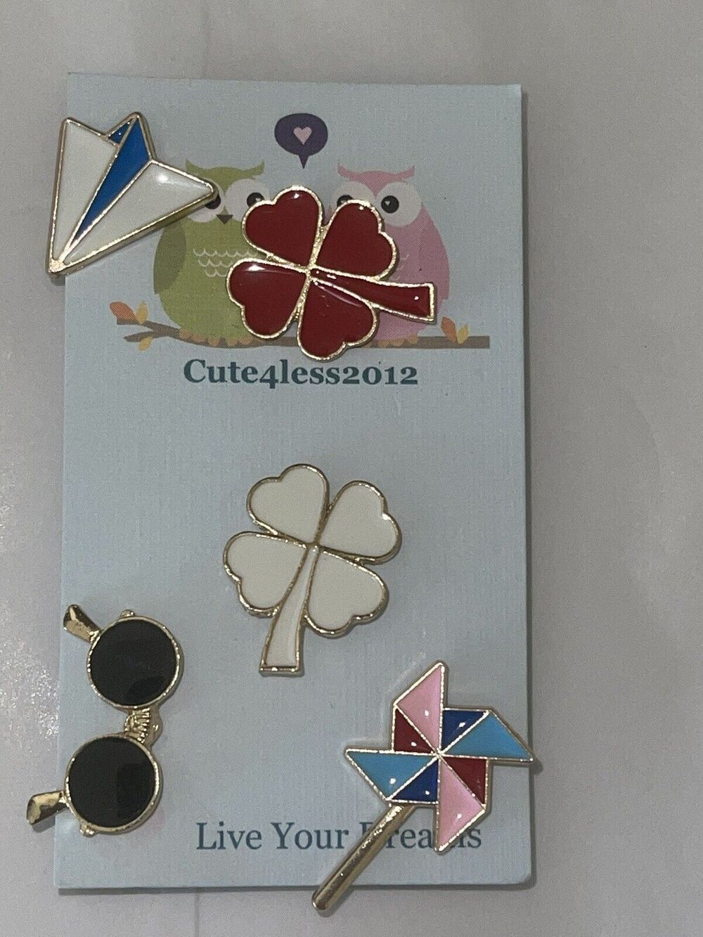 Lot Of 5 Pins Brooches Pin 4 Leaf Clover Paper Plane Glasses Pin Wheel